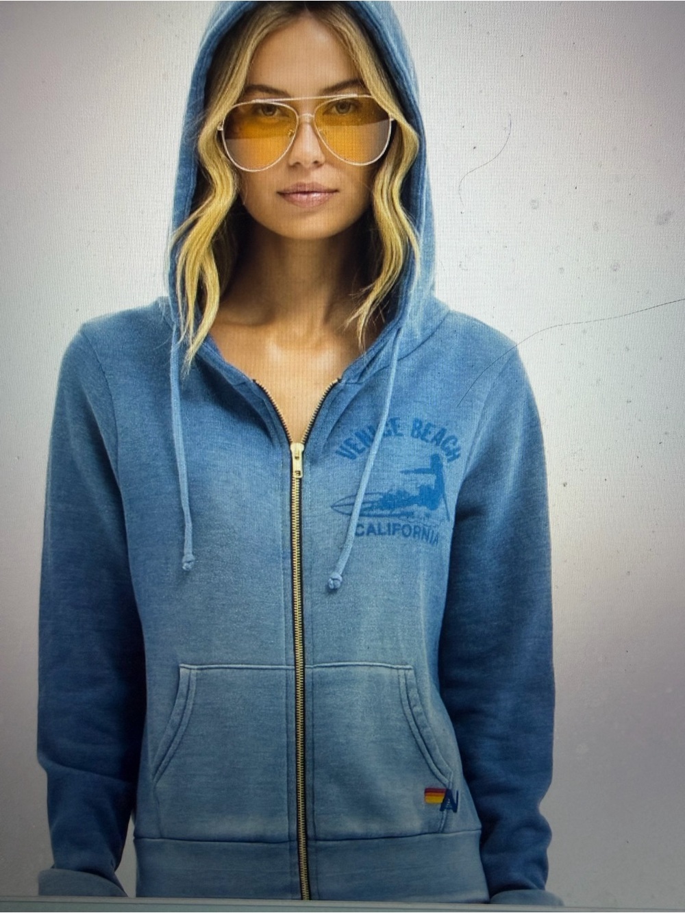 Aviator Nation Heathered Blue Zip Hoodie with Surf Graphic